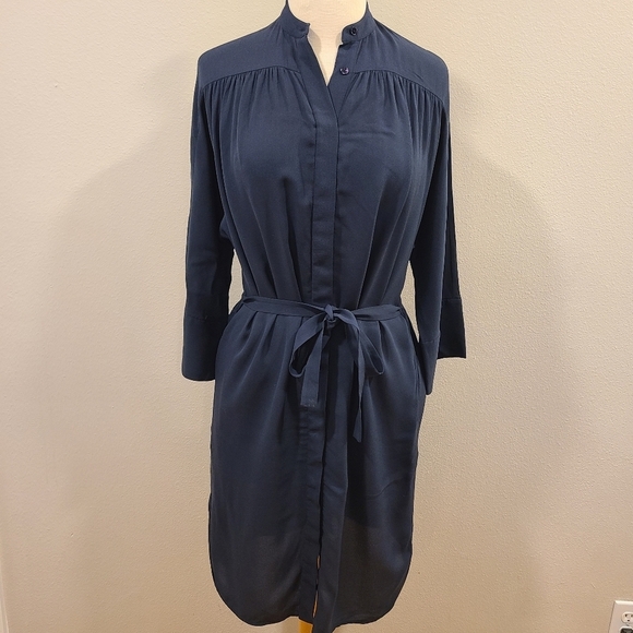 Vince Silk Shirred Belted Navy Shirt Dress - Picture 3 of 6